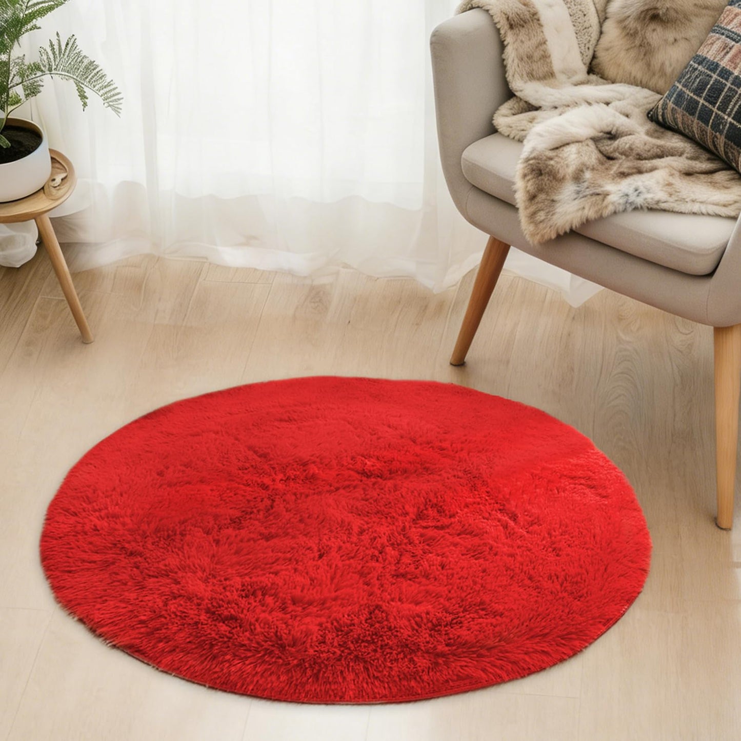 Lifup Soft Fluffy Round Area Rug, Cozy Plush Shaggy Circle Carpet for Living Room Bedroom Home Décor Red 2.0 Feet