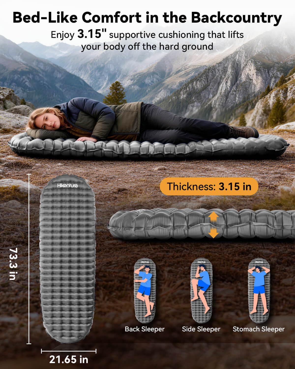 Hikenture 4.0 R-Value Backpacking Sleeping Pad, Ultralight 15oz Camping Mattress Pad, Insulated & Inflatable Camp Sleeping Mat (Grey, Single)