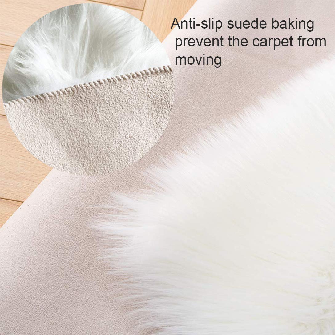 Coumore Ultra Soft Faux Sheepskin Fur Rug Fluffy Area Rugs Chair Couch Cover Bedroom Fuzzy Carpet Bedside Floor Sofa Living Room Children Play Princess Room 2x6 Feet White