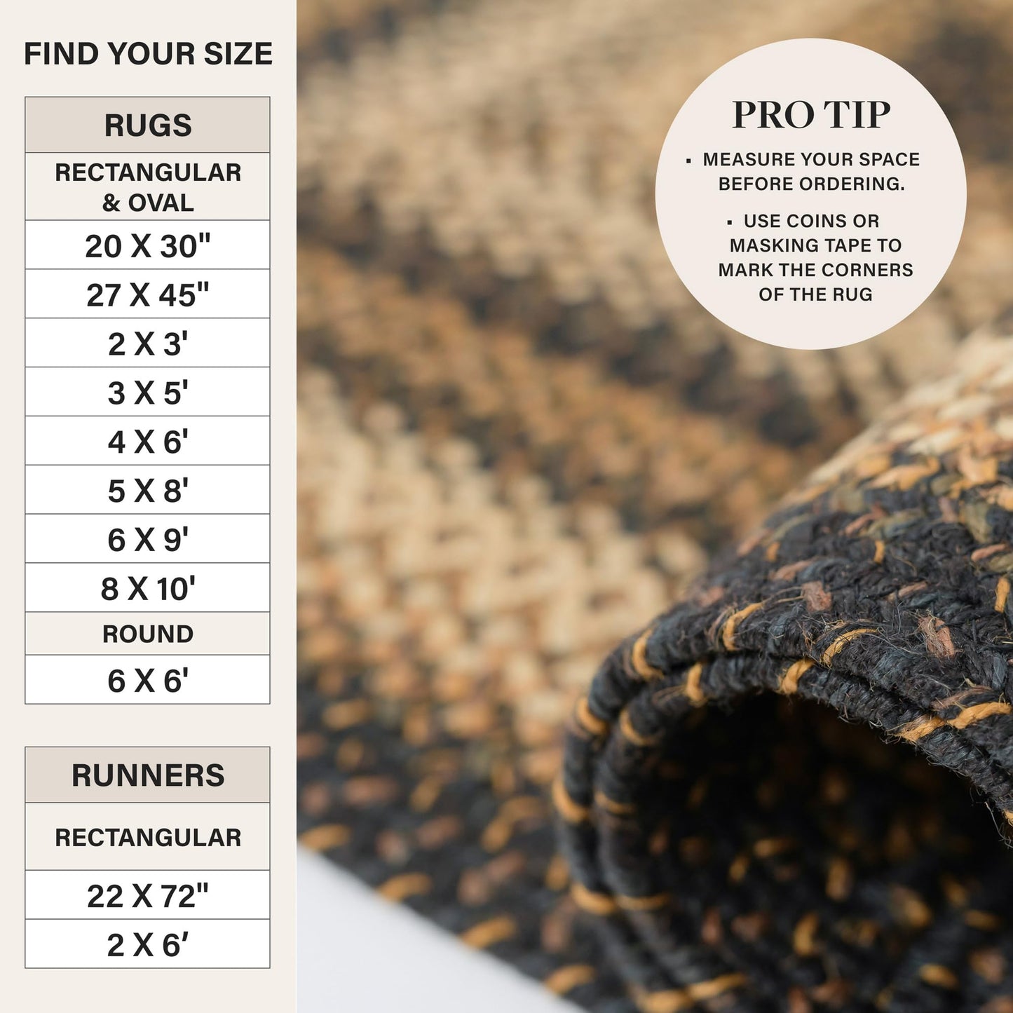 Homespice Kilimanjaro Black & Tan Oval Jute Rug 20x30 - Braided Kitchen Rugs for Primitive Farmhouse Kitchen Decor, Reversible, No Shed Jute for Easy Maintenance