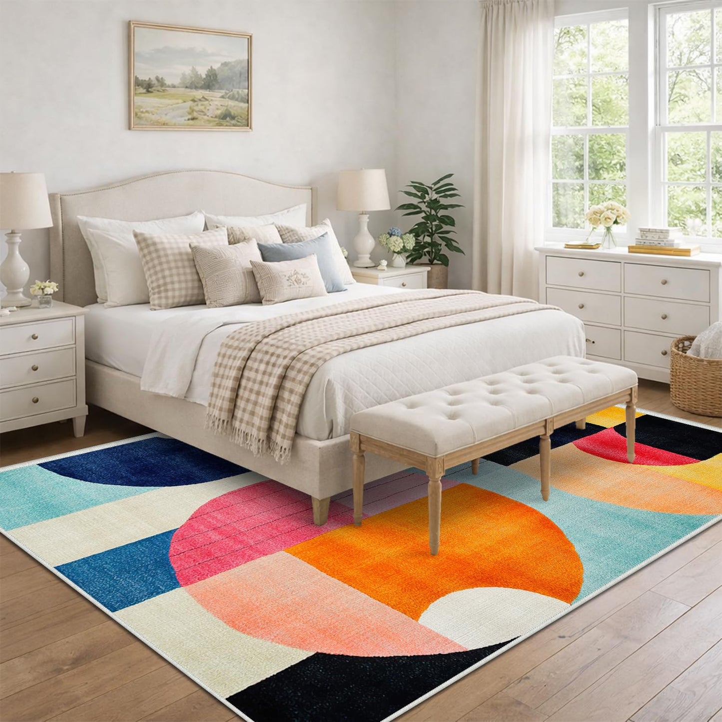 5x7 Colorful Area Rug Modern Abstract Orange Yellow Pink Blue White Beige Black Bedroom Rug Low Pile Thin Large Carpet Living Room Non Slip Dining Room Stain Resistant Office Washable Machine