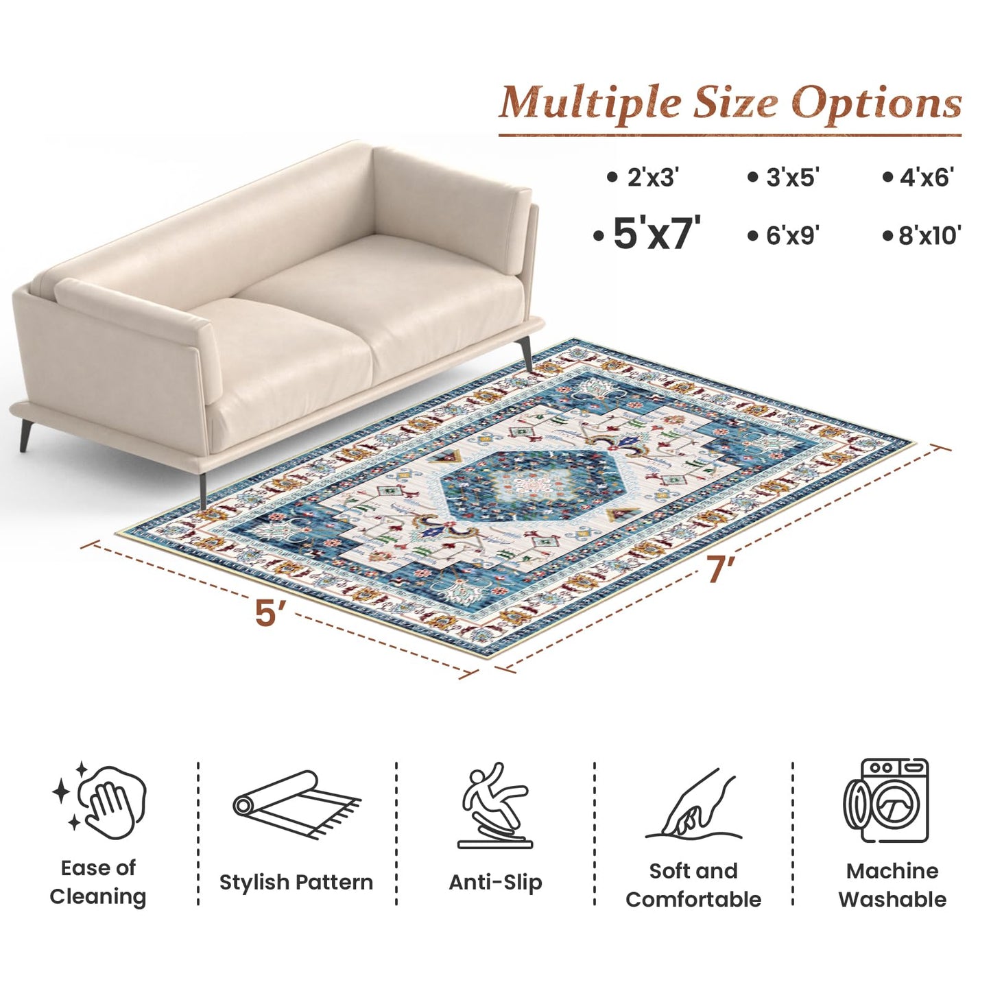 LuxStep Indoor-Outdoor Area Rug 5x7 Ft Washable Outside Rug Outdoor Carpet Large Floor Mat for Bedroom, Living Room, Backyard, Deck, Patio, RV