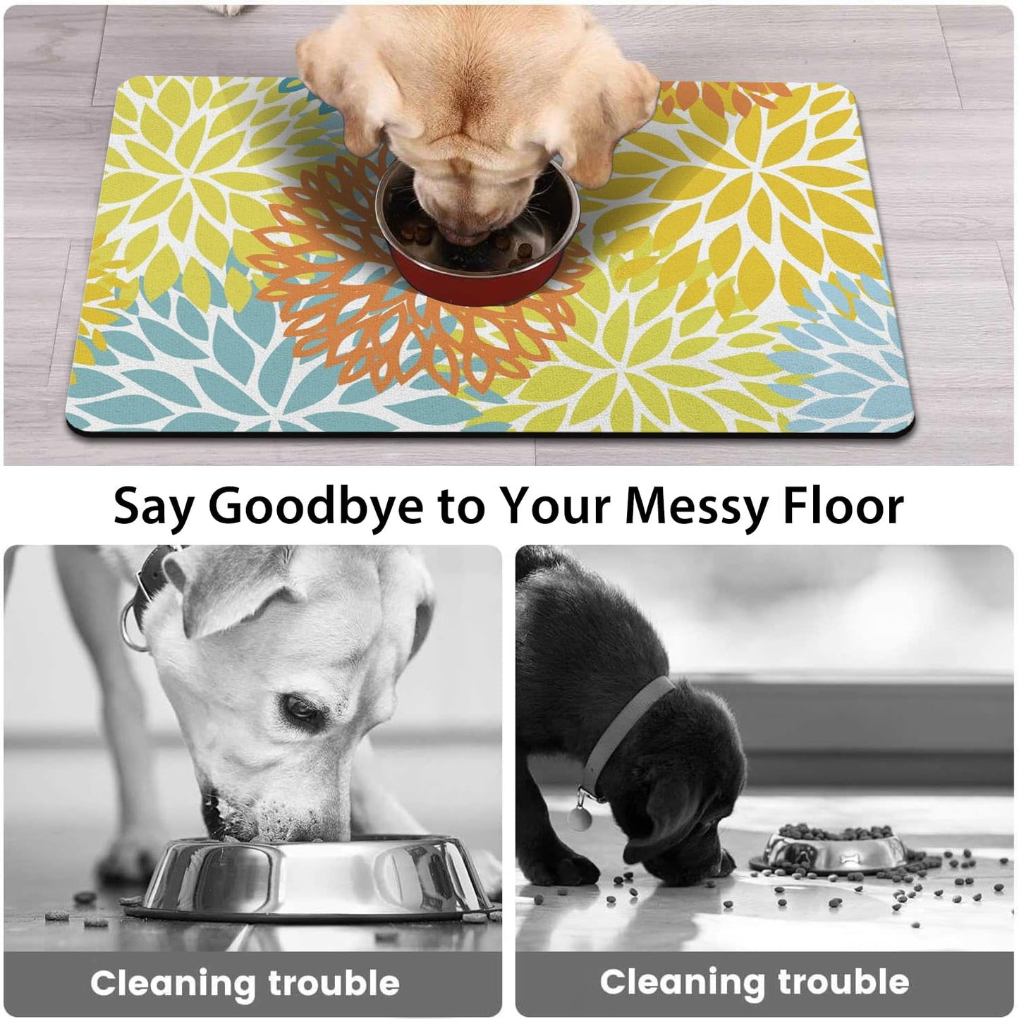 Dog Food Mats for Floors, Absorbent and Quick-Drying Pet Cat Food Mat,Anti-Fouling and Easy-to-Clean Pet Feeding Mat,Dog Bowl Mat for Messy Drinking Water Bowls.16x24, Bohemia Dahlia Floral Style