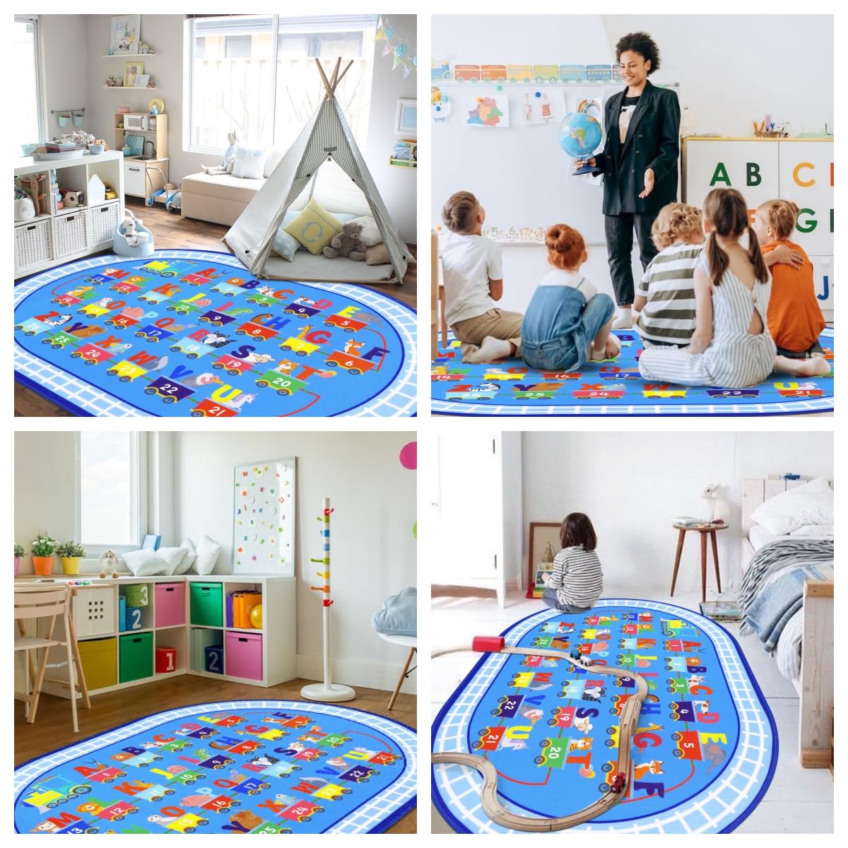 HiiARug Kids Carpet Playmat Rug ABC Alphabet, Numbers, Train and Road Themed Playing Educational Classroom Rug Fun Game Play Area Rug for Kids Bedroom, Toddler Classroom and Baby Playroom Decor