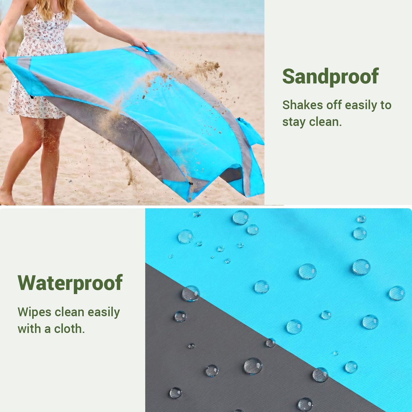 WolfWise 78" × 81" XXL Beach Blanket, Waterproof & Sandproof Picnic Mat with 4 Sand Pockets & 4 Stakes, Windproof Outdoor Camping Beach Mat, Lightweight, Fits 4 People, Blue