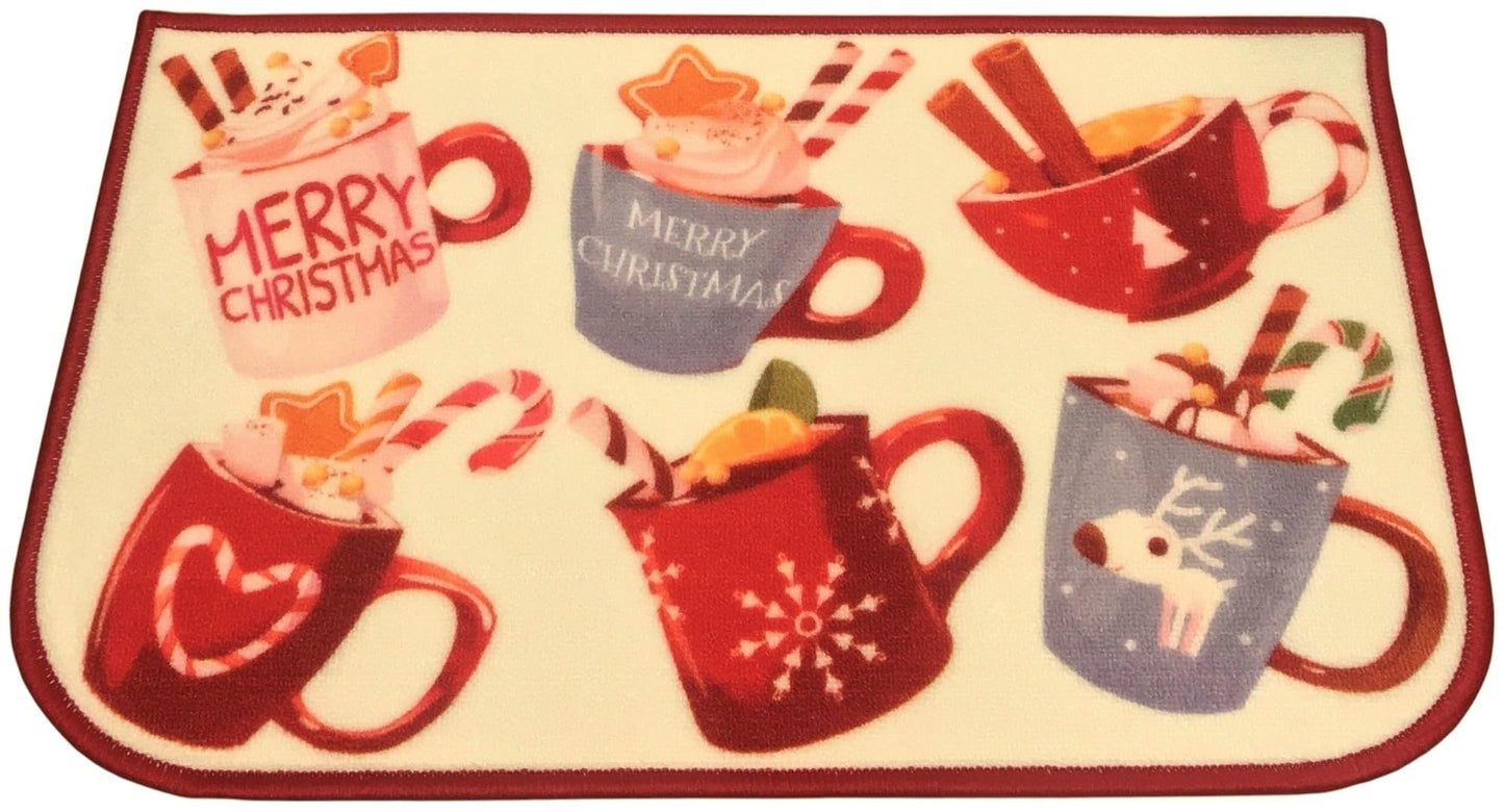 Better Home Holiday Floor Mat 17" x 28" Non-Skid Kitchen and Entrance Rug Christmas Design, Mugs ~ Red