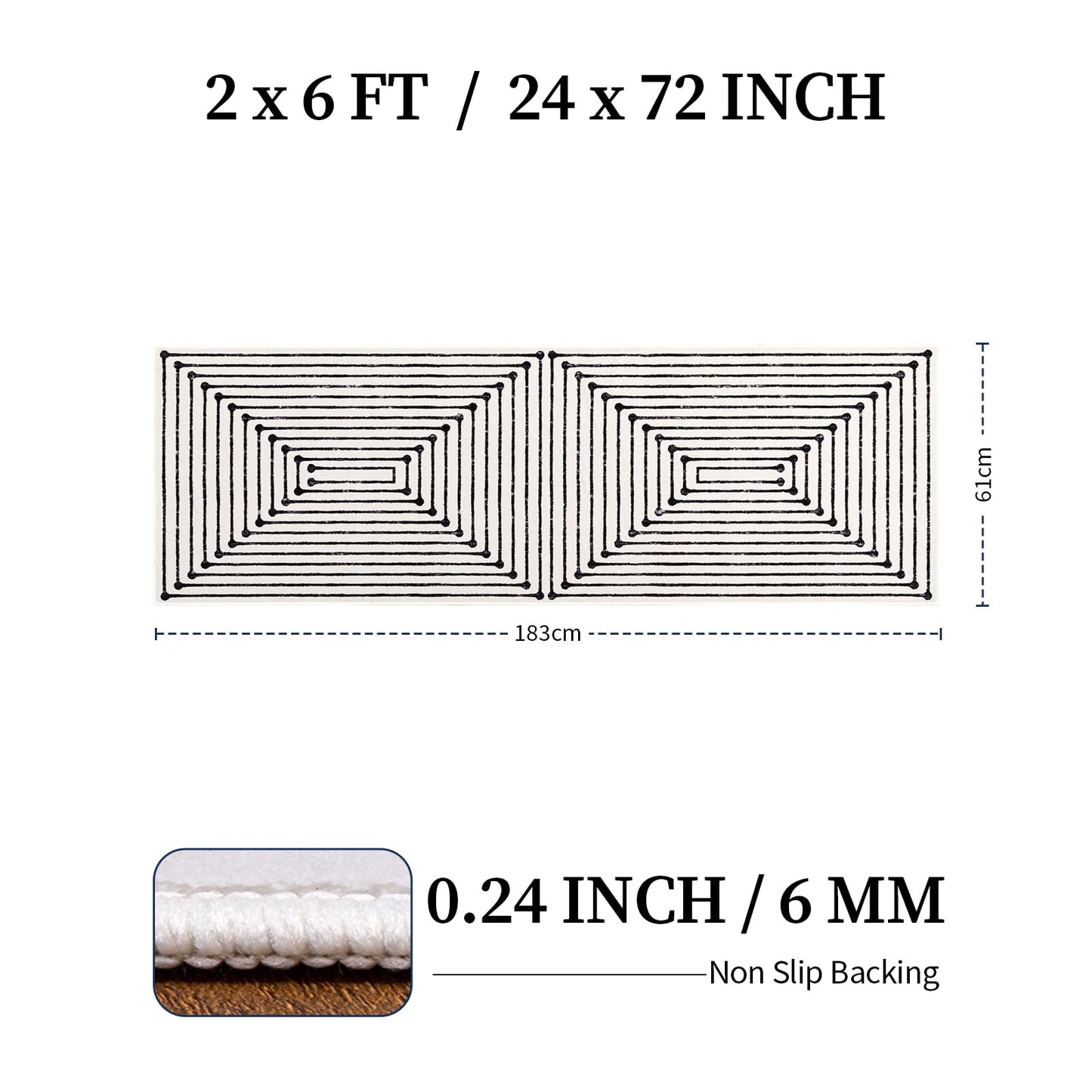 YIHOUSE 2x6 Kitchen Runner Rug Non Slip Washable, Black and White Striped Rug Runners for Entryway Hallway Non Skid, Modern Geometric Carpet Runner for Bathroom Bedroom Laundry Room