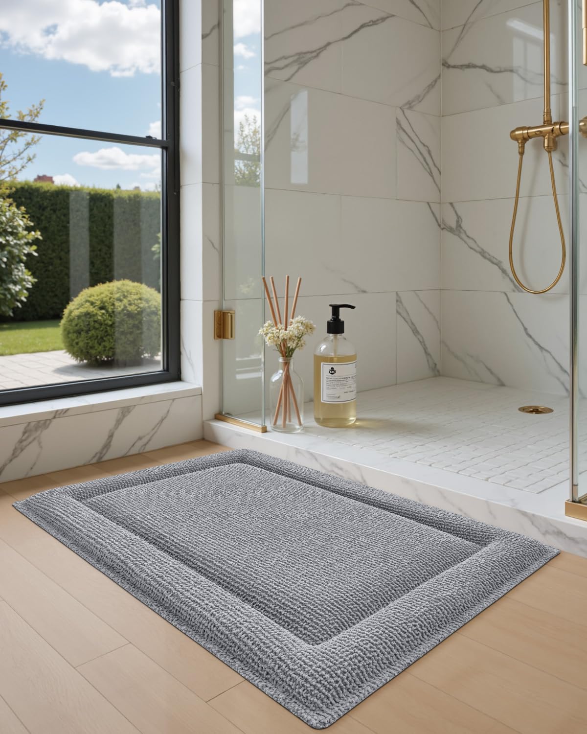 DEXI Memory Foam Bath Mat 24x17, Soft Absorbent Chenille Bathroom Rug, Non Slip Quick Dry Bath Mats for Bathroom, Thick Plush Floor Carpet for Tub Shower, Sink, Light Grey