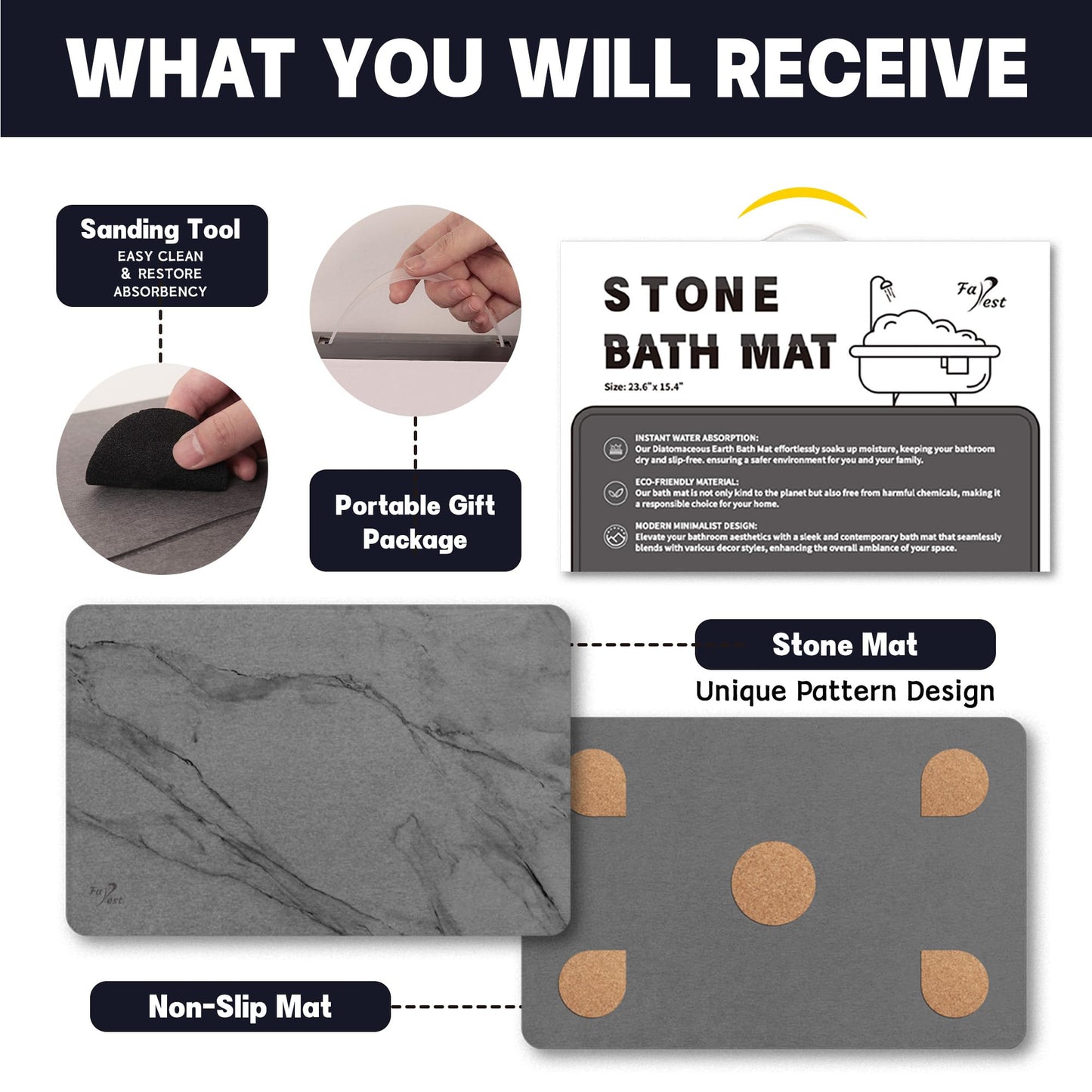 Farest 2 Pack Stone Bath Mat,Diatomaceous Earth Shower Mat,Fast-Drying Stone Bathroom Floor Mat,Absorbent Non-Slip Diatomite Mats for Bathtub,Grey Marble