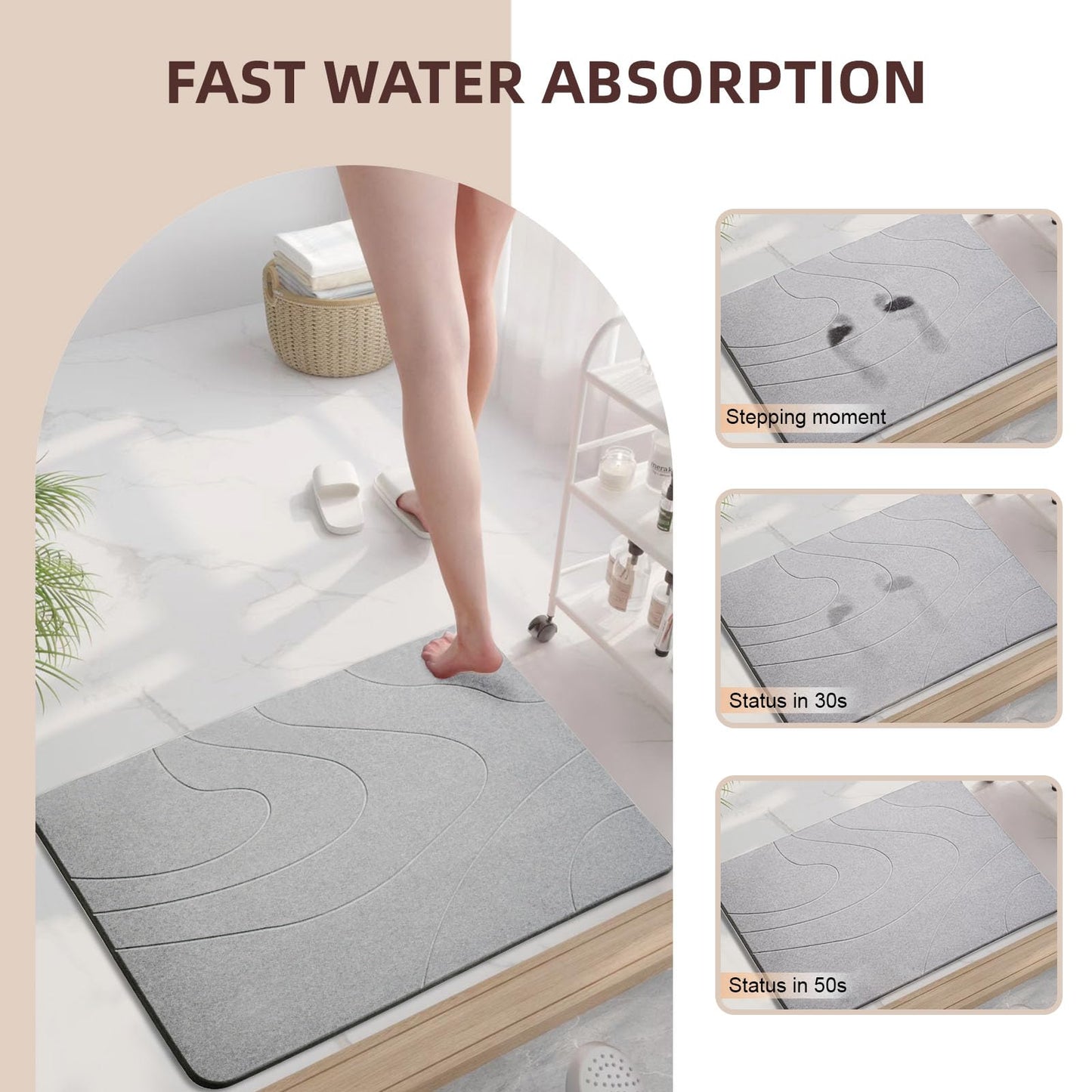 MORANDI Diatomaceous Earth Shower Mat - Super Absorbent, Quick Drying, Non-Slip Natural Hard Stone Bath Mat for Bathroom, Easy to Clean (Light Gray)