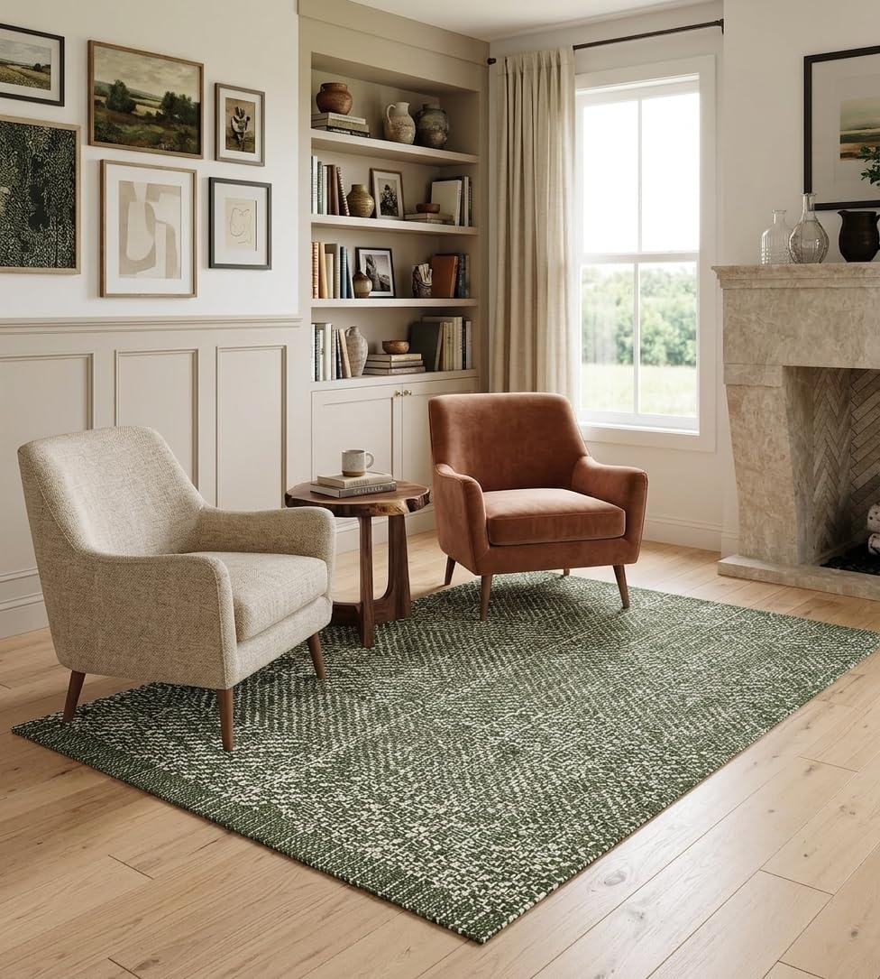 LEEVAN Washable Area Rug 4x6, Hand-Woven Cotton Living Room Rug, Green Braided Bedroom Rug, Farmhouse Indoor/Outdoor Floor Carpet for Patio, Nursery, Office, Playroom, Dining Room
