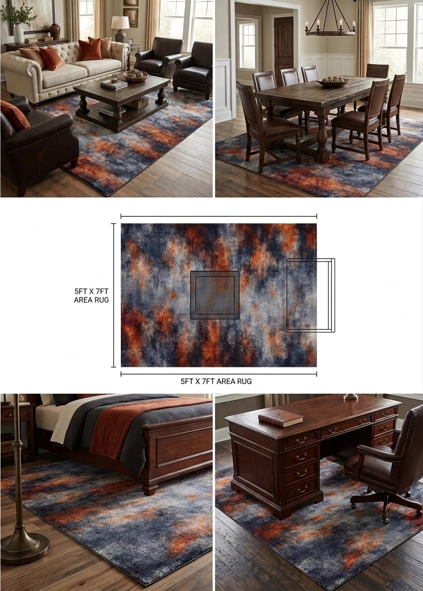 ERYATOU 5x7 Area Rug, Modern Abstract Smoke Cloud Area Rug in Orange and Gray, Washable Non-Slip Low Pile Soft Friendly Carpet for Living Room, Bedroom, Study Room
