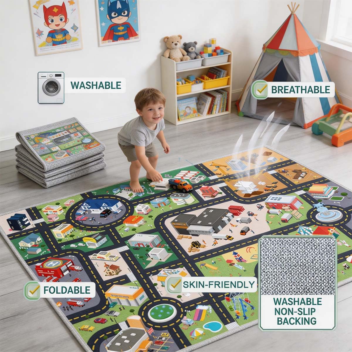 Pyrrhite Kids Rug Playroom Car Play Mat City Life Road Rug for Cars Fun City Map for Track Toys, Carpet for Bedroom Boys (City, 31×47in)