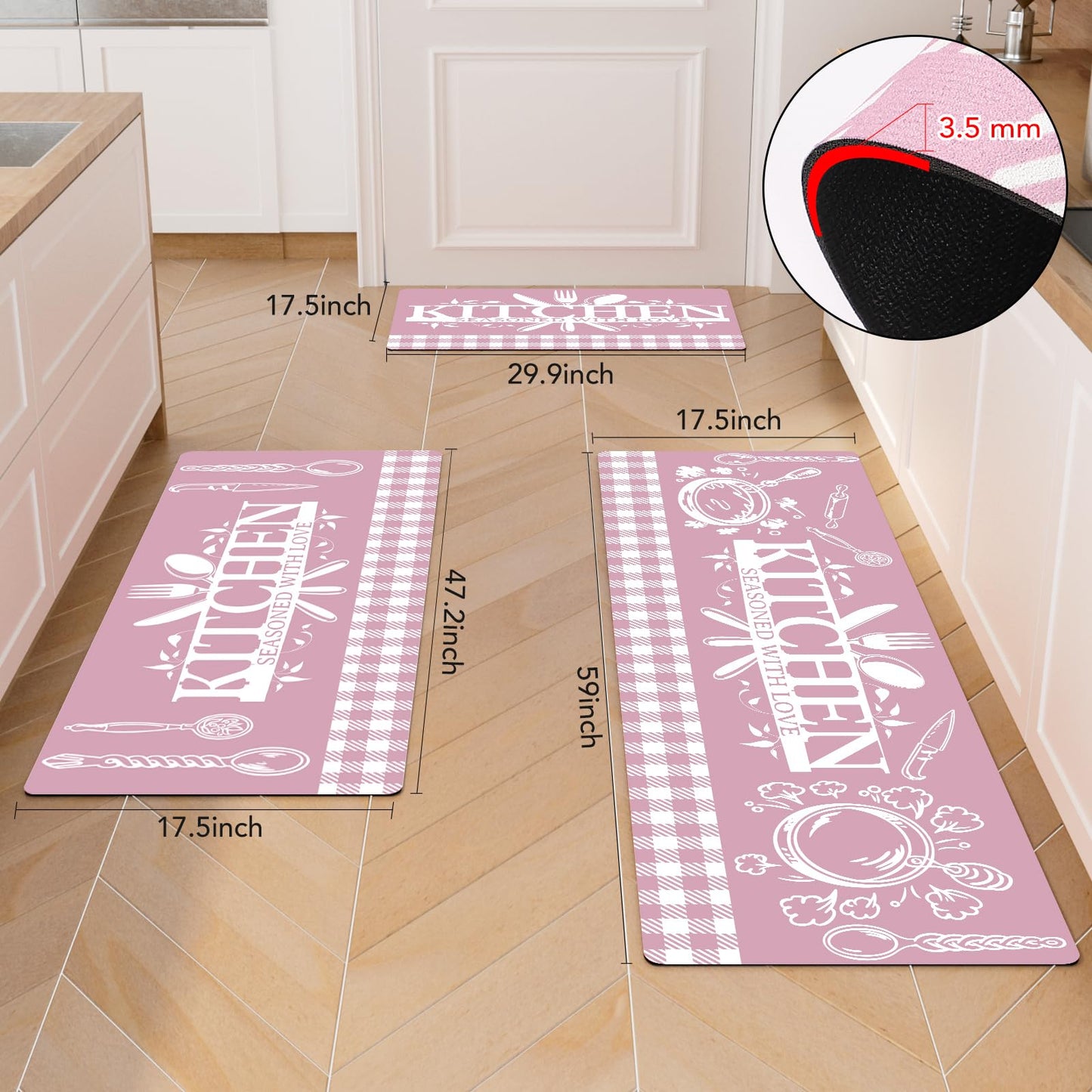Pink Kitchen Mats for Floor, 3 Pieces Non Slip Cushioned Kitchen Runner Rugs with Grid Design, Waterproof Comfort Mat Farmhouse Chef Runners Carpet for Sink, Bathroom
