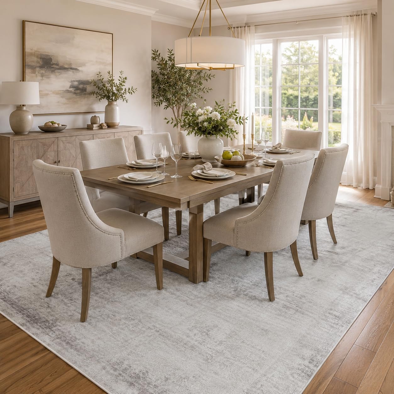 FancyRoof 8x10 Area Rugs for Living Room Bedroom Washable, Modern Abstract Grey White Beige Rugs Large Carpets Ultra Soft Faux Wool Retro Dining Room Non Slip & Non-Shedding Low Pile Print