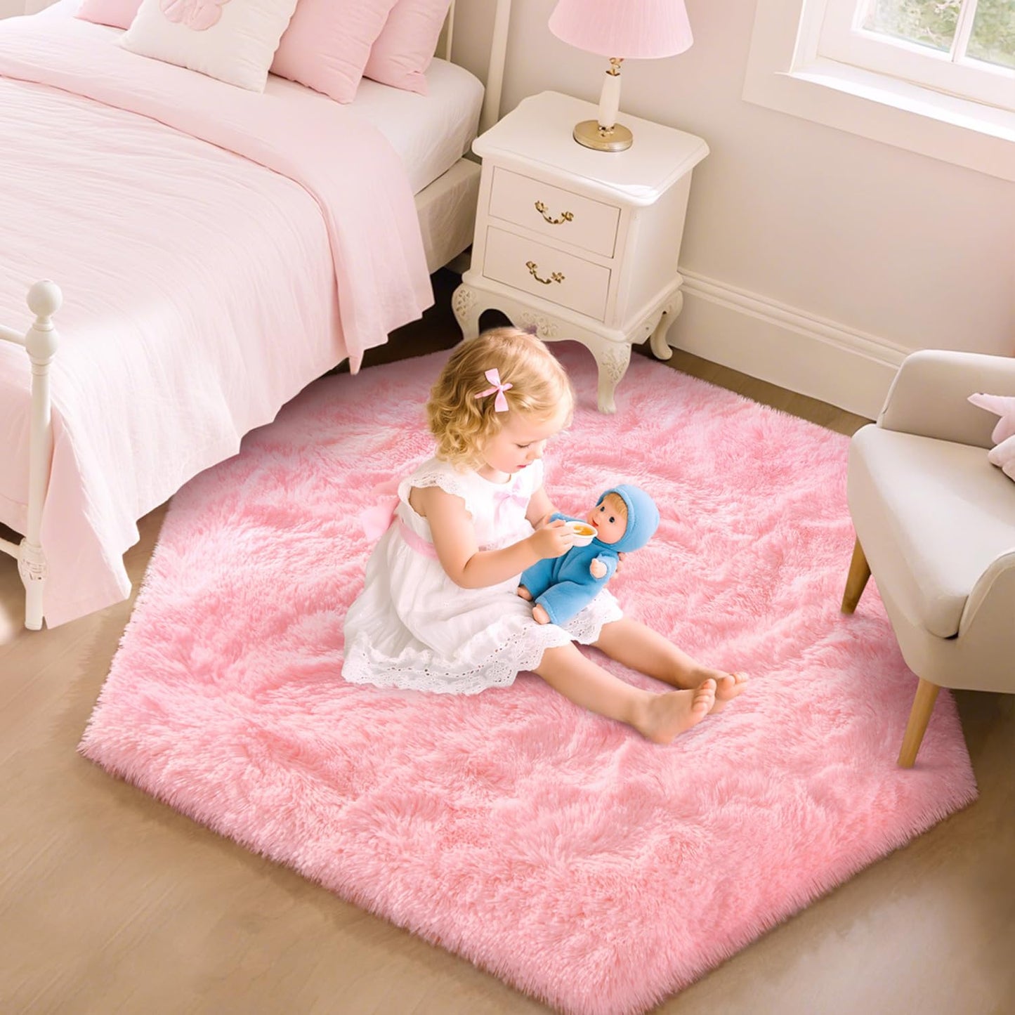 EVOIONOS Pink Hexagon Rug for Princess Tent, Fluffy Area Rug for Kids Room, 4x4.6 Feet for Girls Tent, Furry Soft Nursery Rug, Fuzzy Plush Carpet for Teen Girls Bedroom