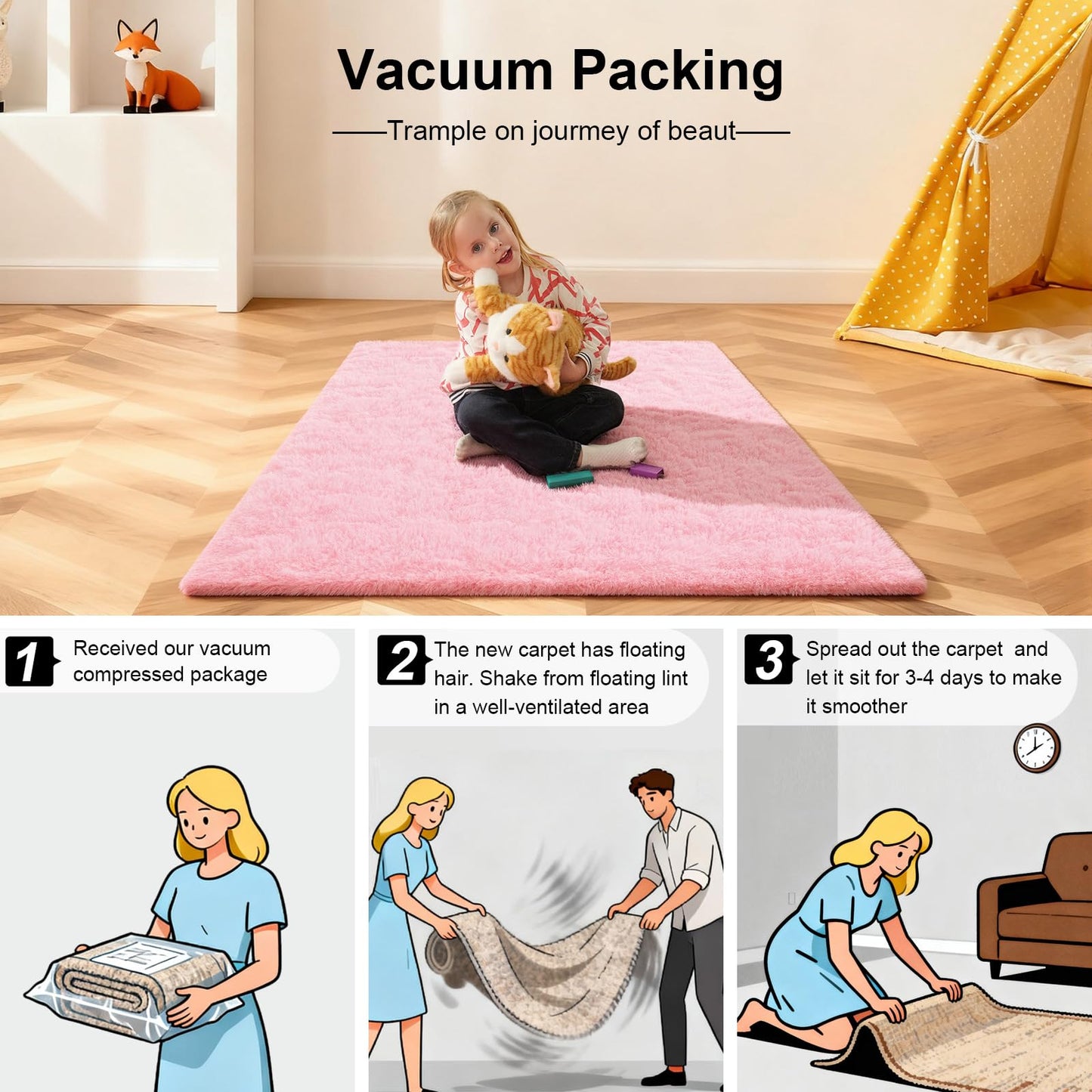Ehayx Pink Rug for Bedroom, 2x3 Fluffy Area Rugs for Living Room, Small Fuzzy Shag Soft Carpet with 4 Non-Slip Adhesive Strips for Kids Boys and Girls Nursery Dorm Room Home Decor (2ft X 3ft)