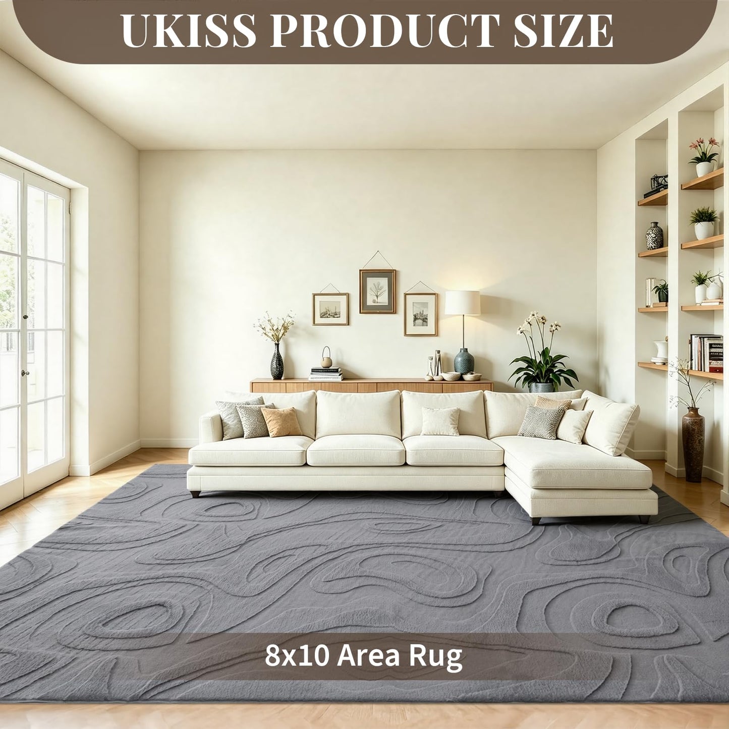 UKISS Washable Rugs 8'x10' Area Rugs for Living Room ，Ultra Soft Faux Rabbit Fur Embossed Rug for Bedroom, Non Slip&Non-Shedding Low Pile Large Carpets for Home Decor Gray