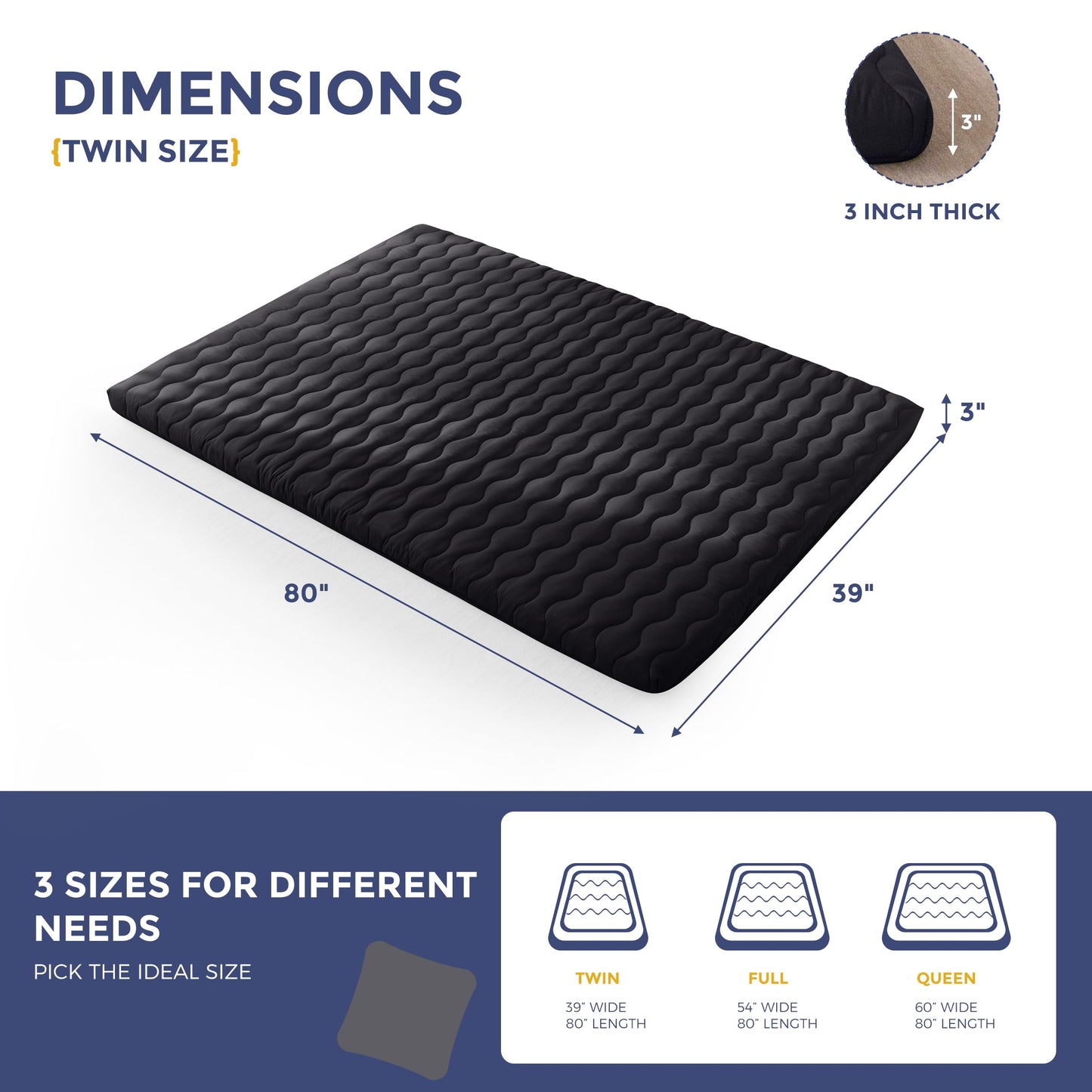 MAXYOYO Japanese Floor Futon Mattress Twin Size, 3" Thicken Tatami Sleeping Pad Foldable Roll Up Mattress, Portable Floor Mattress Pad for Adults, Guest Room, Camping, Black