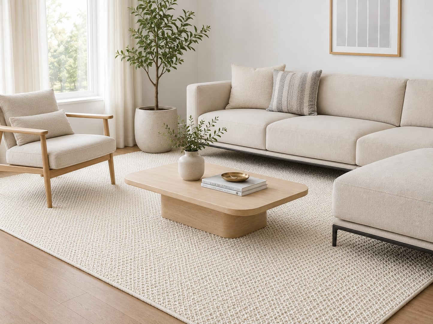 The Knitted Co. Handwoven Wool Area Rug - Hand Woven Natural Carpet Rugs- Bedroom Living Room Dining Room (Ivory- 6'x9')
