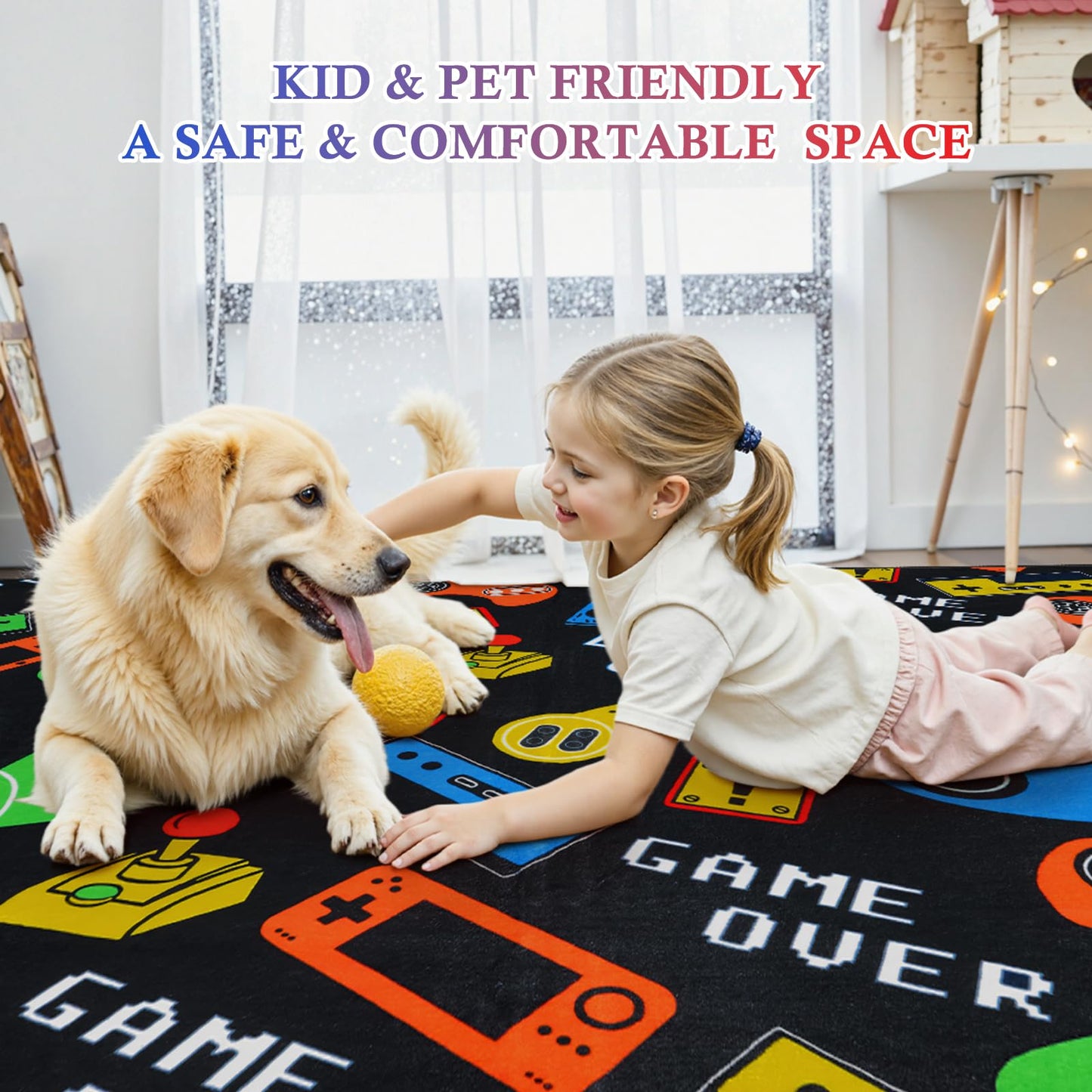 STARUIA Gamer Area Rug for Boys Room, 5x7 Washable Kids Rug for Boy Bedroom, Soft Black Cool Teens Video Games Console Carpet Kids Room Rugs for Game Room Playroom Living Room