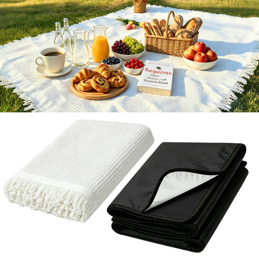 Yunyore 2-in-1 Reversible Picnic Blanket, Large Waterproof Beach Mat with Tassel, Foldable Outdoor Camping Mat for 4-6 Adults, Moisture Proof Stain Resistant for Park, Beach, Travel