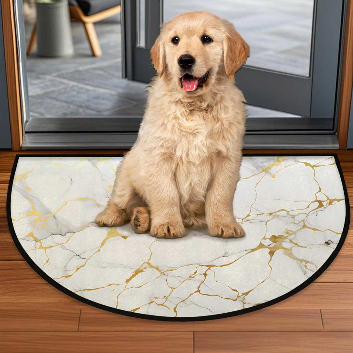 Half Round Rugs Gold Line Marble Texture Semicircular Indoor Door Mat Entryway Welcome Mat Non-Slip Half Round Low Profile Door Mat for Patio High Traffic Areas