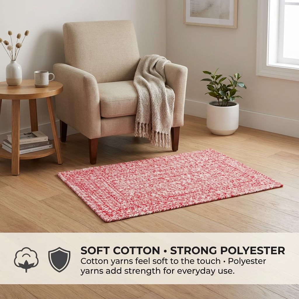 Super Area Rugs Farmhouse Braided Rug Cotton Kitchen Reversible Carpet, Red & White, 2' X 3' Rectangle