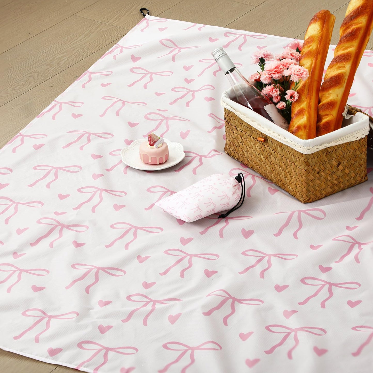 HunnmingRe Lightweight Pink Bow Pocket Picnic Blanket with Storage Bag 55 x 60inch Waterproof Cute Packable Sandproof Beach Mat Compact Washable Picnic Mat for Outdoor Hiking Camping Travel