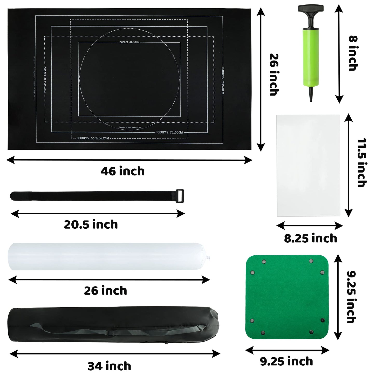 Portable Puzzle Mat Roll Up - with 9 Glue Sheets, Sorting Trays, Hand Pump, Inflatable Tube, and Storage Bag - Perfect for Kids and Adults (Black, 1500pcs)