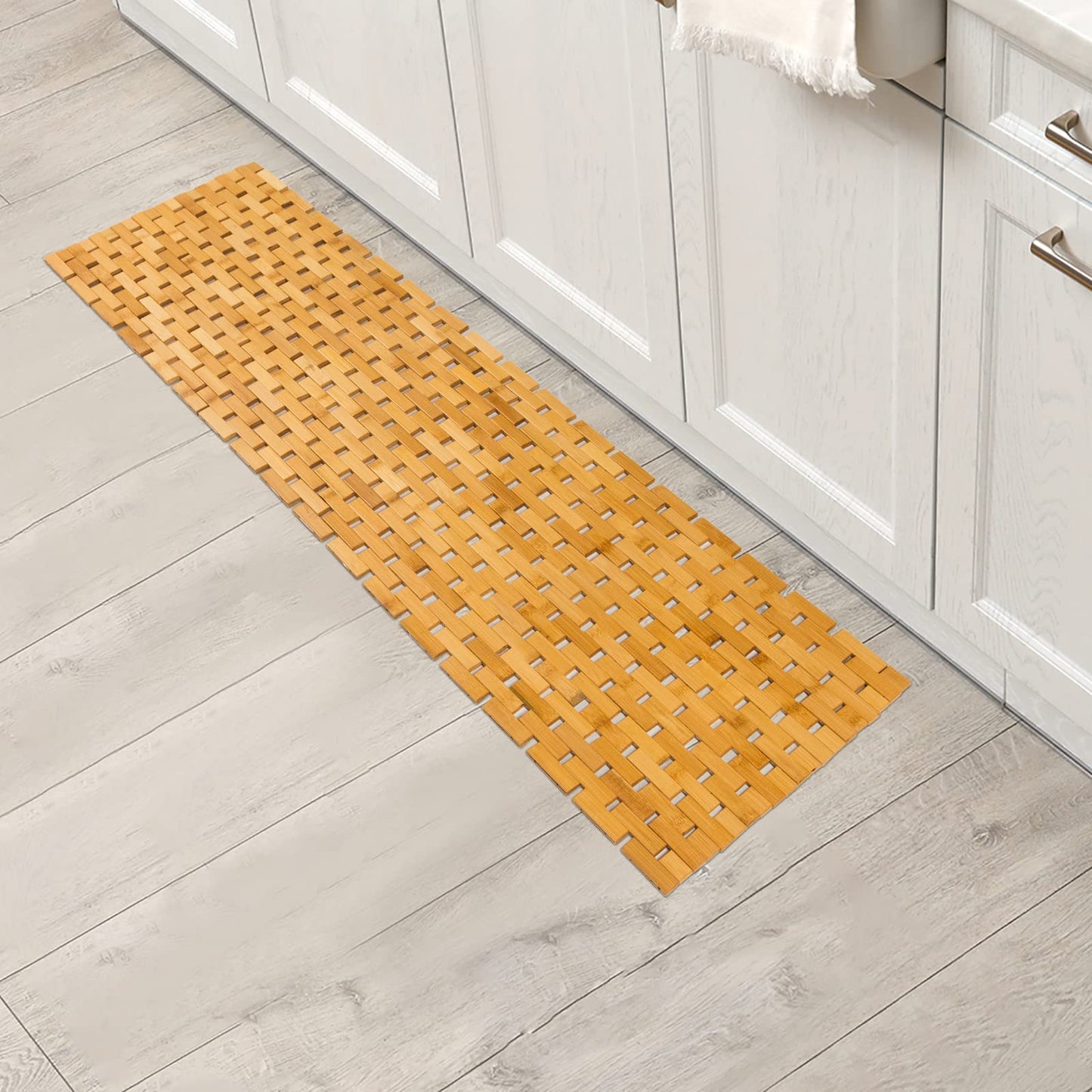 Fovlaurs Bambo Bath Mat Bathroom Runner Long Large Rugs Floor Wood Shower Bathtub Waterproof Non Slip Accessories 16x48 Inch Easy to Clean, Natural, 1 pc