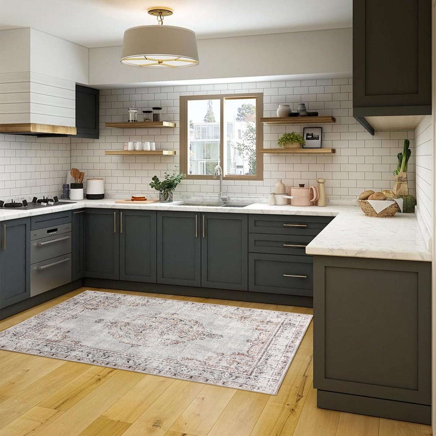 Easy-Going Area Rug 5x7 Washable Boho Rugs for Living Room Non-Slip Bedroom Rug Low Pile Lightweight Vintage Distressed Throw Rug for Dining Room Kitchen Home Office Carpet, Grey Brick