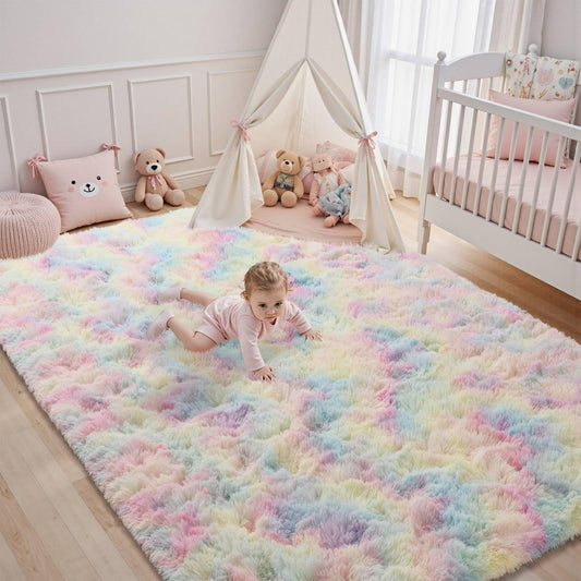 4x6 ft Fluffy Rainbow Area Rug for Bedroom Soft Fuzzy Living Room Rug Non-Slip Shag Rugs Carpet for Nursery Kids Play Room Dorm Office Indoor Modern Plush Carpets