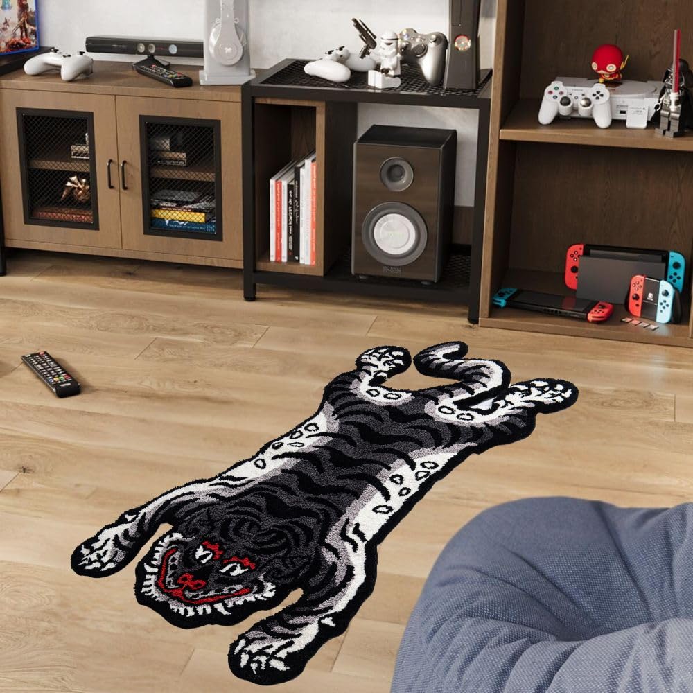 5x3ft Tibetan Tiger Tufted Rug for Living Room, Soft Fun Rugs for Bedroom Aesthetic,Washable Carpet with Nonslip TPR Backing,Home Decor (Gray)