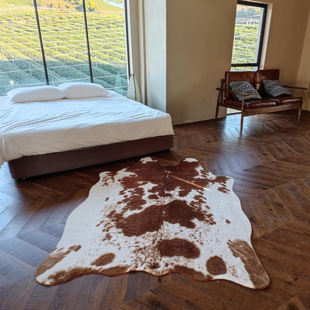 rugoo Premium Brown Cowhide Rug 4.6 ft x 6.6 ft Faux Cowhide Rug Cow Print Rug Faux Animal Skin Rug for Living Room Bedroom Nursery Western Decor