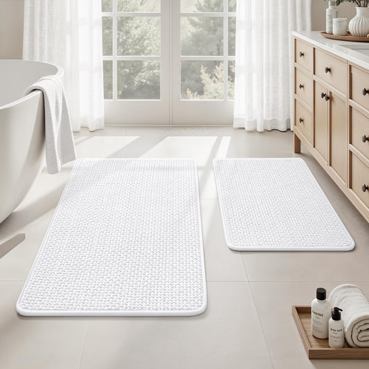 HOMEIDEAS Bathroom Rugs Set 2 Piece, Ultra Thin Non-Slip Bath Mats Rubber Backed, Chenille Absorbent Quick Dry Mats for Shower & Vanity, Low Profile Fits Under Door (White, 32"x20"+24"x17")