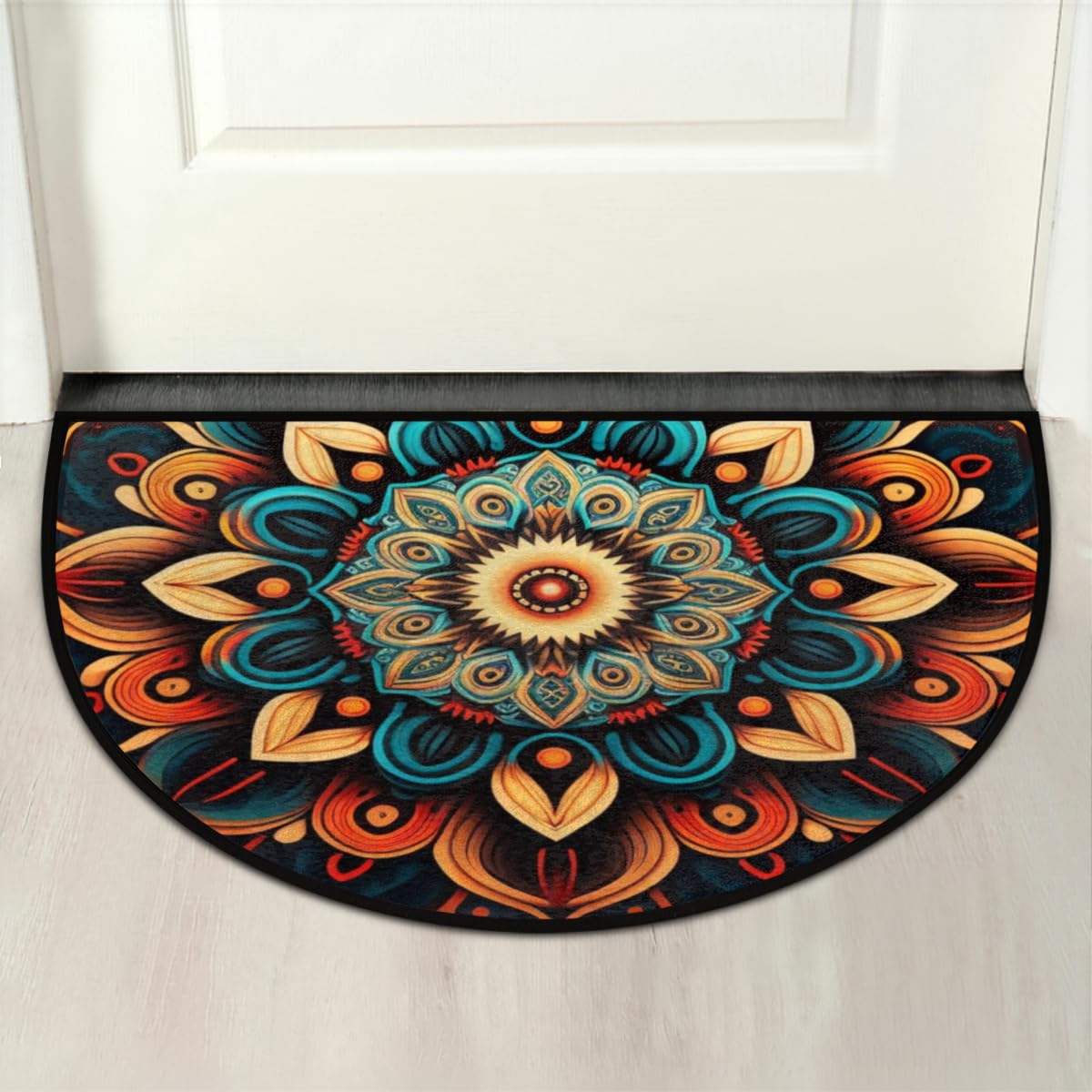 Bohemian Flower Half Round Doormat Boho Floral Washable Semi Circle Area Rug Non Slip Absorbent Half Moon Rug for Indoor Outdoor Bathroom Kitchen Patio Front Welcome Fireplace Hearth Floor Mat
