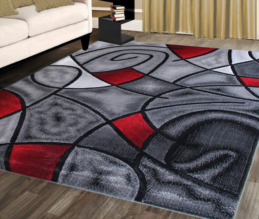 Masada Rugs, Modern Contemporary Area Rug, Red Grey Black. (8 Feet X 10 Feet)