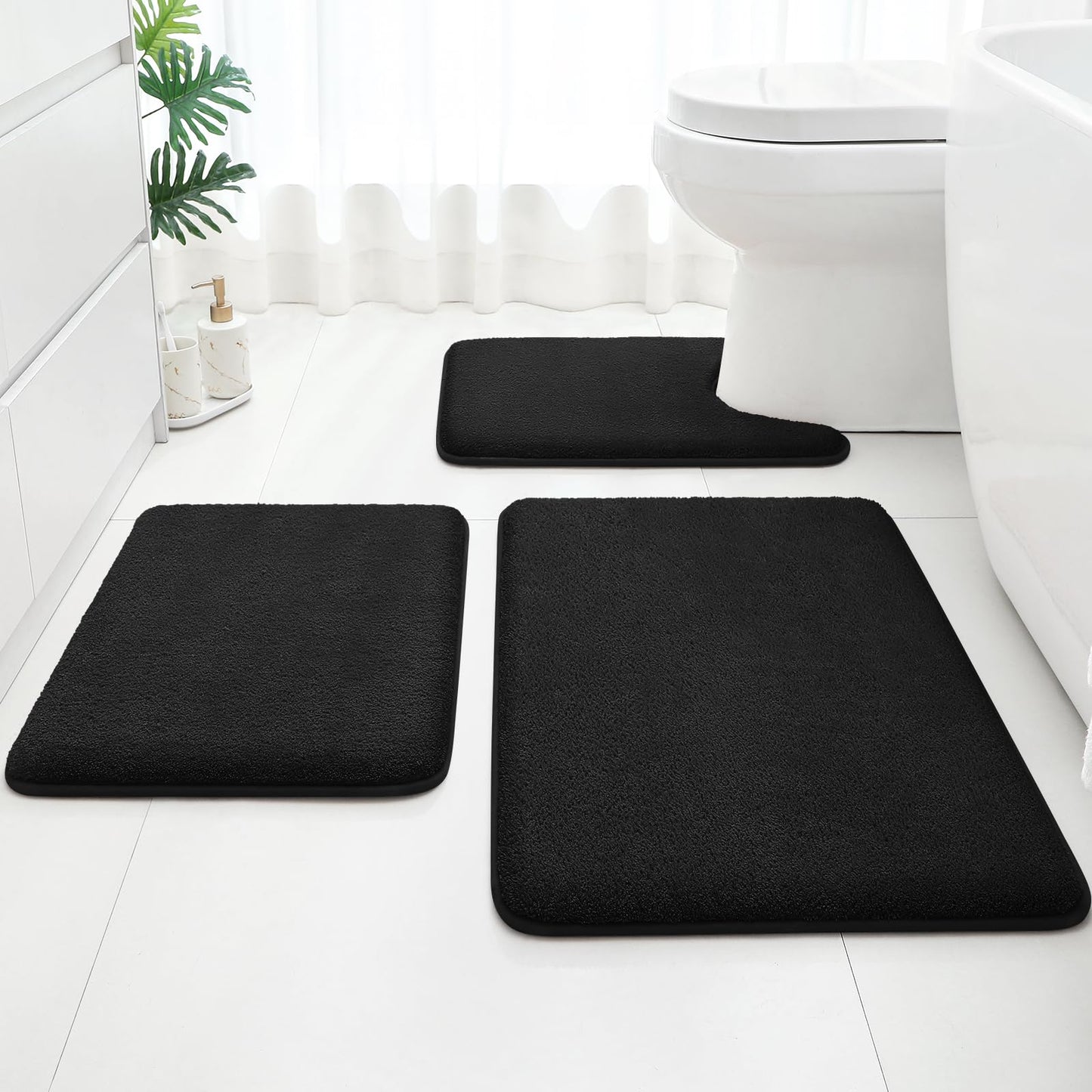 HOMEIDEAS Upgraded Bathroom Rugs Set 3 Piece, Ultra Soft Memory Foam Bath Mats, Super Absorbent Non Slip Washable U-Shaped Toilet Bath Rug (Black, 17"x24"+20"x32"+U-Shaped 20"x24")