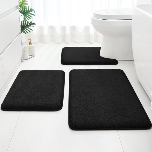 HOMEIDEAS Upgraded Bathroom Rugs Set 3 Piece, Ultra Soft Memory Foam Bath Mats, Super Absorbent Non Slip Washable U-Shaped Toilet Bath Rug (Black, 17"x24"+20"x32"+U-Shaped 20"x24")