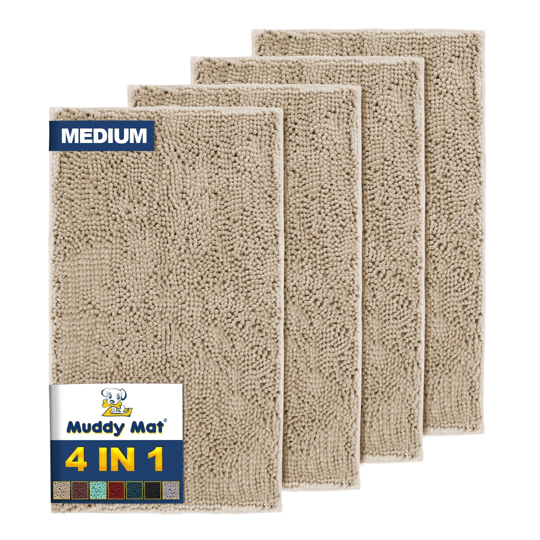 Muddy Mat® 4-Piece Beige Medium 30"X19" AS-SEEN-ON-TV Highly Absorbent Microfiber Door Mat, Bath Mat and Pet Rug, Non slip Thick Washable, Soft Chenille for Kitchen Bathroom Bedroom Indoor and Outdoor