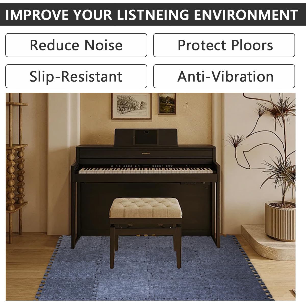 16 Pieces Thick Sound Absorbing Interlocking Floor Mats, High Density Piano Carpet Drum Rug, Non-Slip Anti Vibration Soundproof Pads Acoustic Blankets for Music Studio