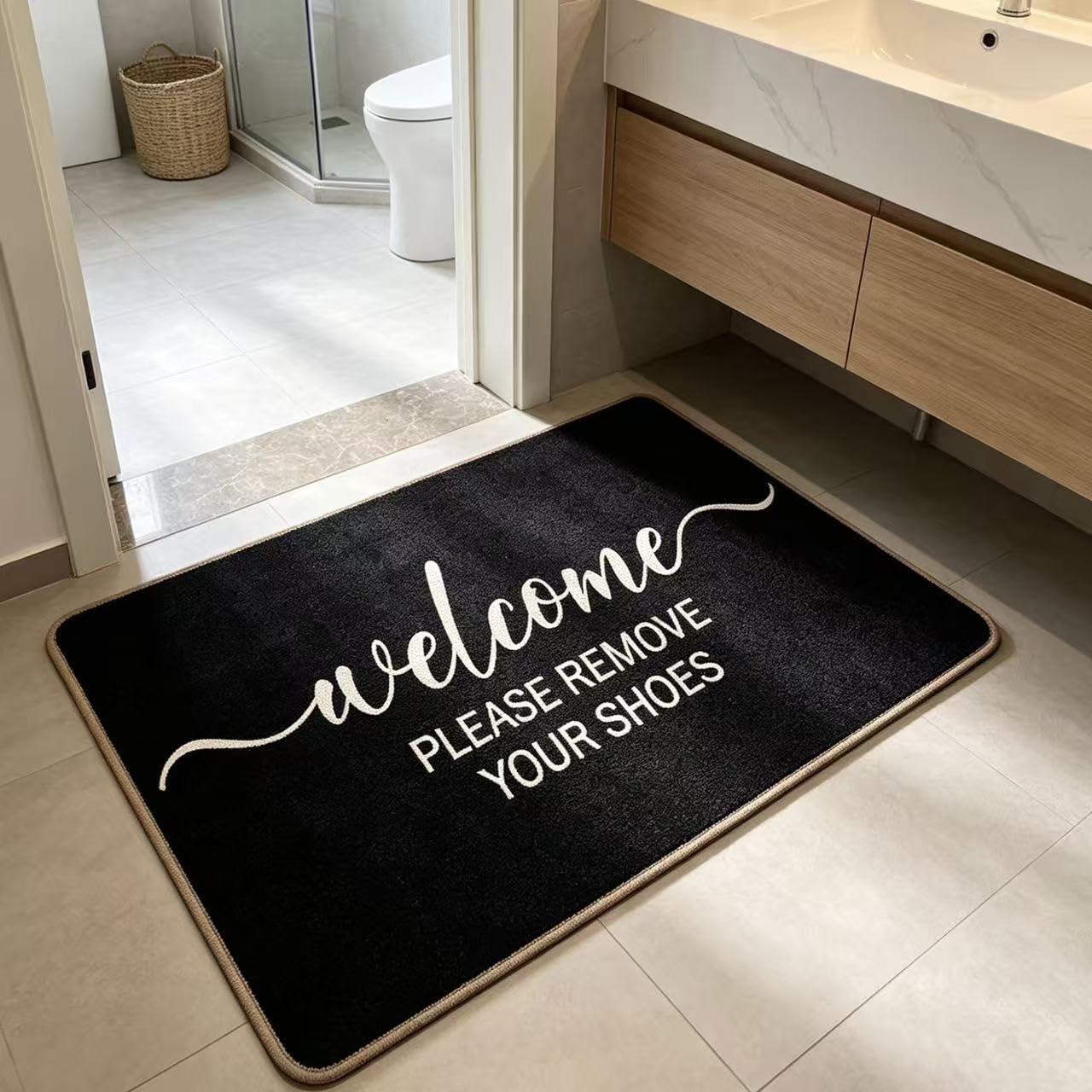 VCVYOP Please Take Off Your Shoes Welcome Doormat 18 x 30 Inch Entrance Indoor and Outdoor Door Mats Easy to Clean Black Rubber Rugs for Home Entry,Kitchen,Bathroom Decor (Black 1)