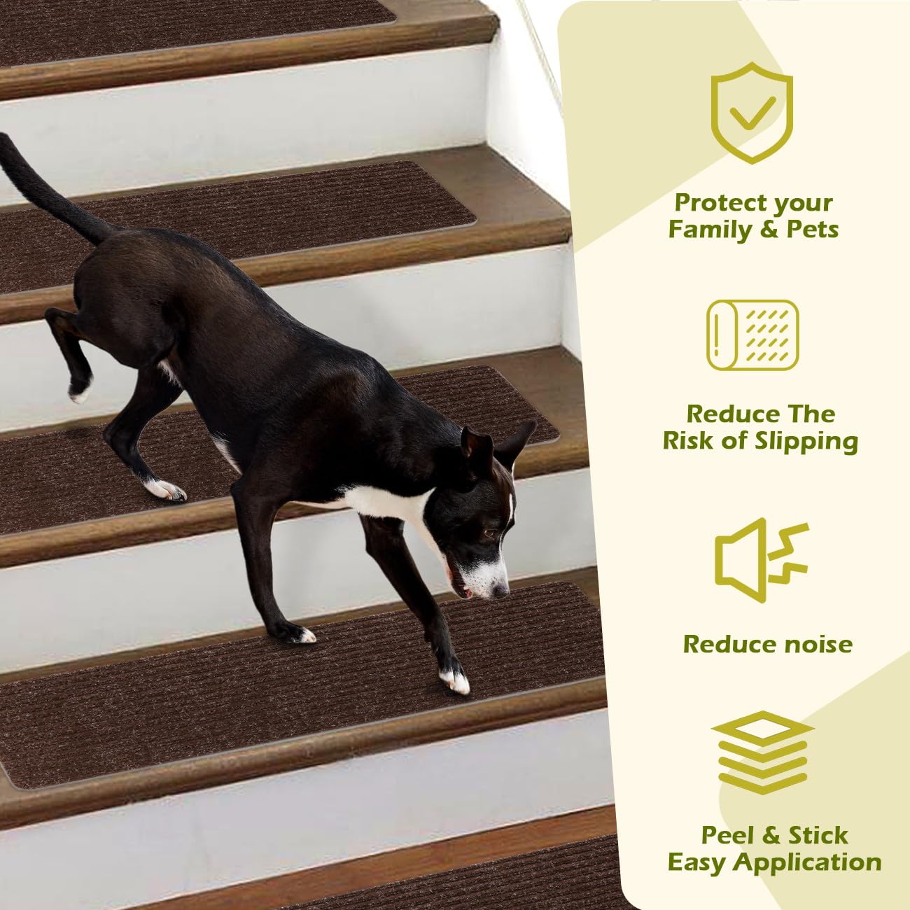 ANTDLE Stair Treads Non-Slip 16 Pack 8"x30" - Carpet Stair Runner for Indoor Wooden Steps with TPE Backing & Anti-Skid Surface, Reusable Adhesive Safety Rug for Kids/Elder/Pet-Friendly - Brown