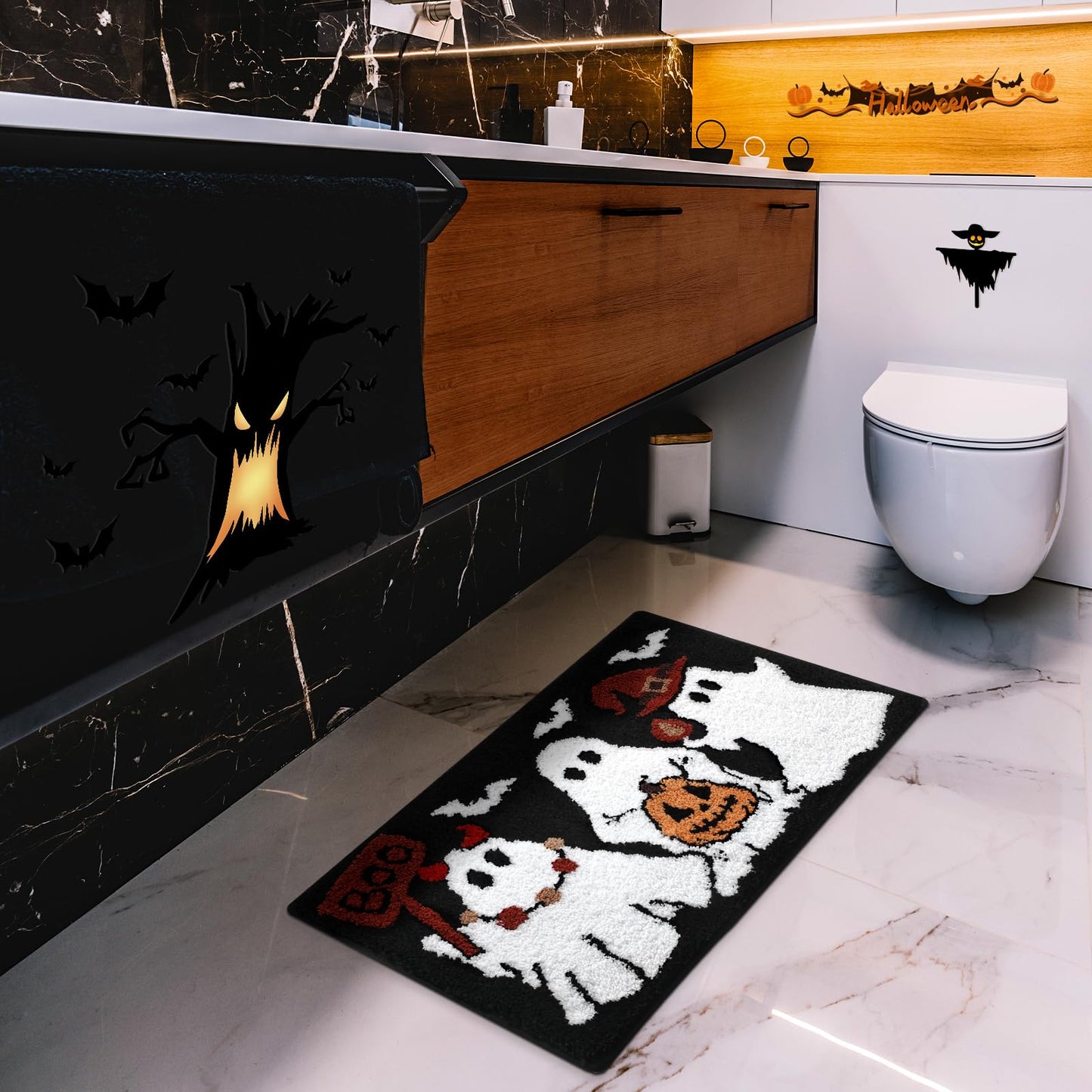 Ghost Bath Mat 16x24 Inch, Soft and Absorbent Tufted Halloween Bathroom Rug Non Slip Washable, Halloween Bathroom Boo Decor Rug Holiday Decorations
