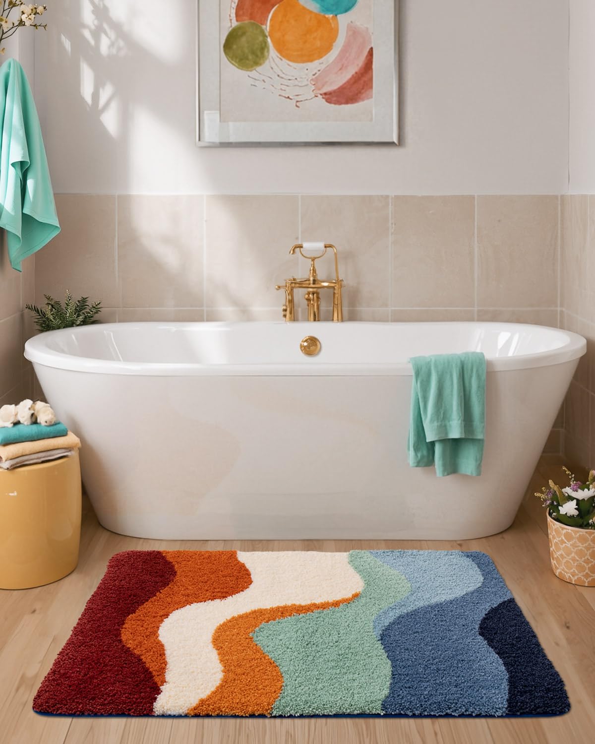 DEXI Bathroom Rug Washable, 24x36 Non Slip Bath Mat Absorbent, Soft Plush Microfiber Bathmat Quick Dry for Shower Floor, Colorful
