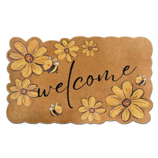 Summer Sunflower Coco Coir Welcome Doormat, 17"x30" Cute Floral Scalloped Spring Rugs for Floor,Heavy Duty Non-Slip Door Mat, Indoor Outdoor Decorative Entrance Mat for Front Door Porch Home Decor