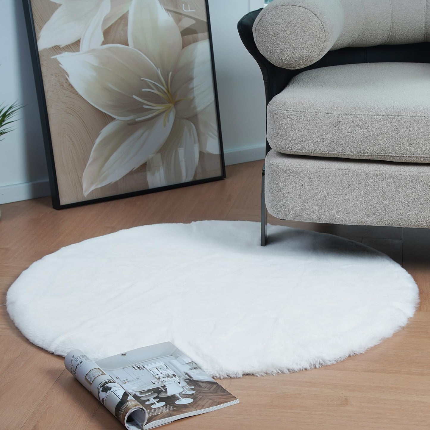 Latepis White Fur Round Rug 3ft Non-Slip Washable Circle Rug Fluffy Faux Rabbit Fur Rugs for Photoshoot Plush Shag Furry Carpet for Living Room Bedroom Kids Room