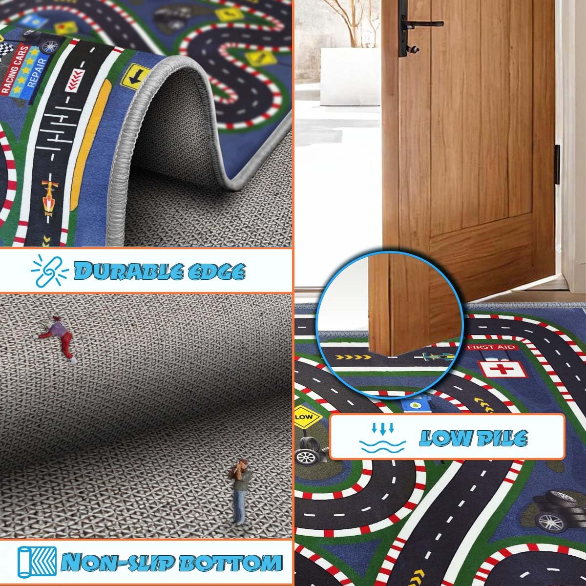 JUFORHQC Kids Rug,Children's Room Rug,Road Race Play Rugs, Rail City Living Rugs, Washable Non-Slip Play Mats. (Dark Blue, 31x47in)