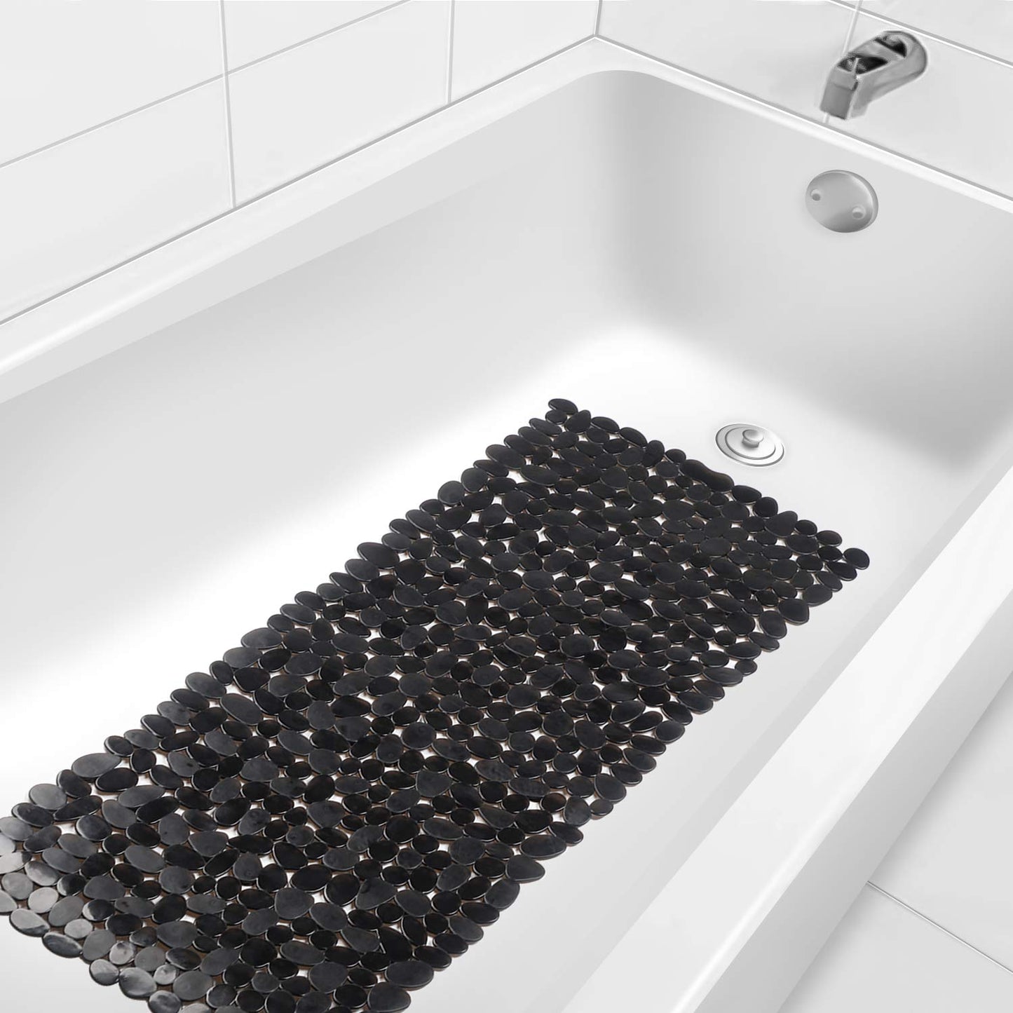 WELTRXE Non Slip Bathtub Mat 35 x 16 Inches Pebbles Shower Mats with Suction Cups, Drain Holes for Bathroom Showers, Tub, Machine Washable Bathroom Mats BPA, Latex Free Safe Tub Mats - Black